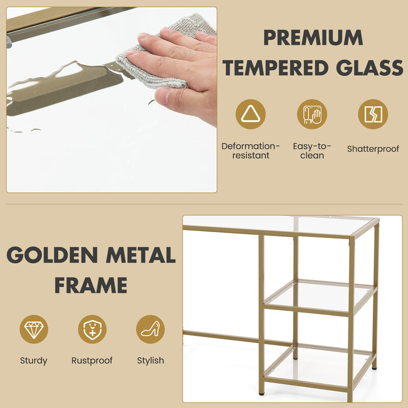 Konsolbord i glas med två hyllor och metallram i guld 106 x 51 x 76 cm