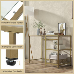 Konsolbord i glas med två hyllor och metallram i guld 106 x 51 x 76 cm