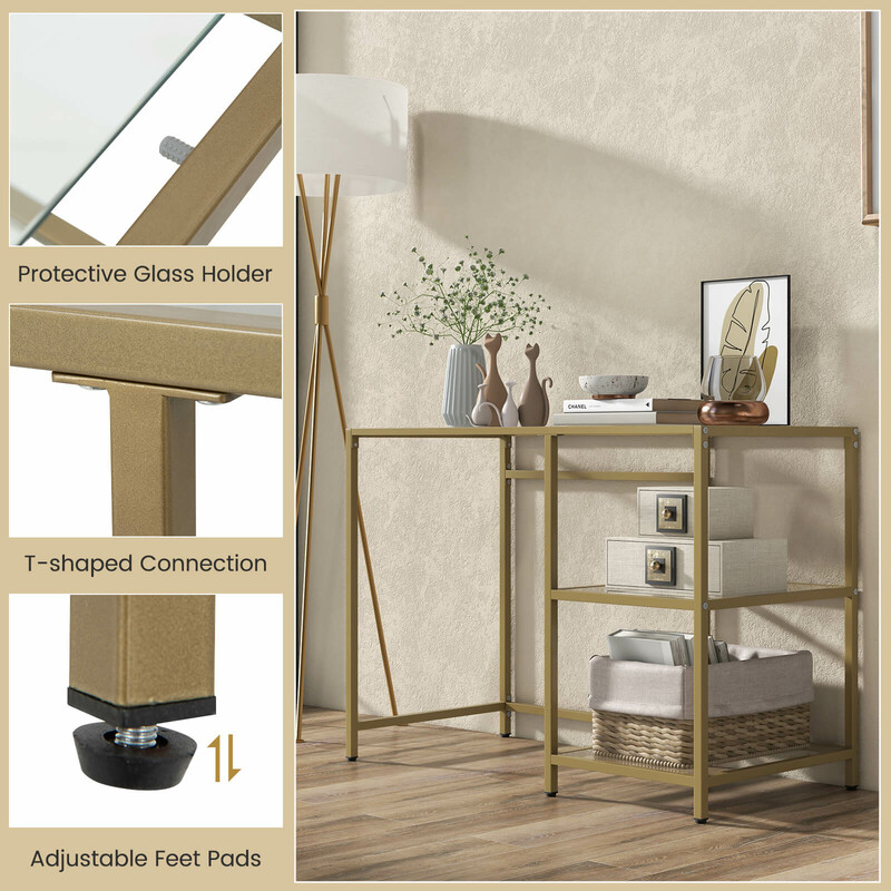 Konsolbord i glas med två hyllor och metallram i guld 106 x 51 x 76 cm