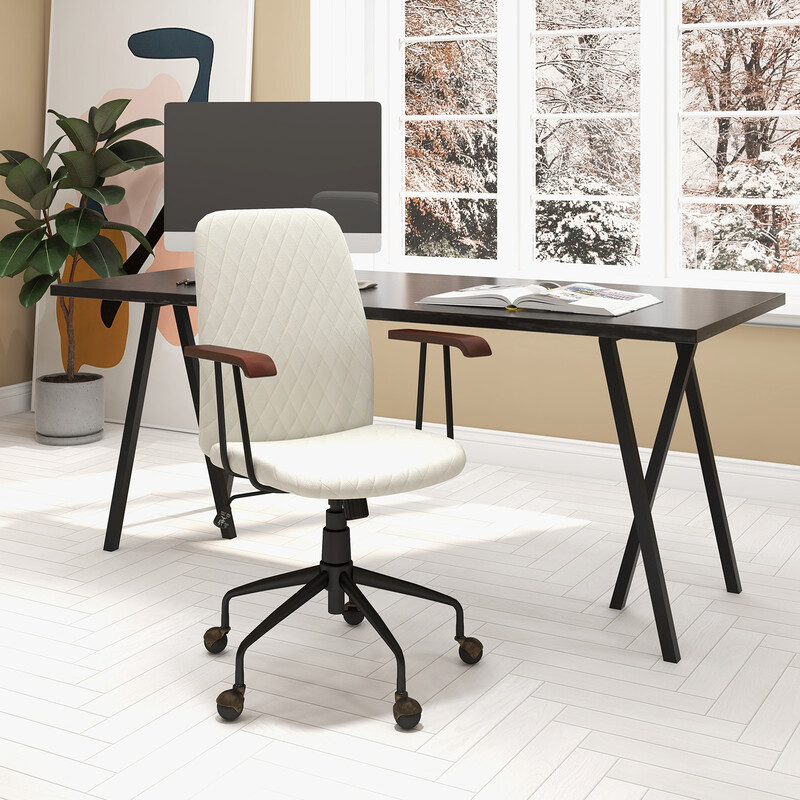 Vintage beige kontorsstol i sammet med armstöd och justerbar höjd för ergonomisk komfort