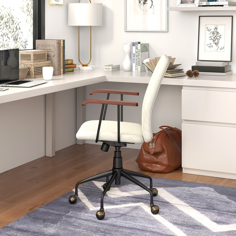 Vintage beige kontorsstol i sammet med armstöd och justerbar höjd för ergonomisk komfort