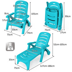 Hopfällbar solstol med 5 positioner och hjul för trädgård och utomhus, turkos