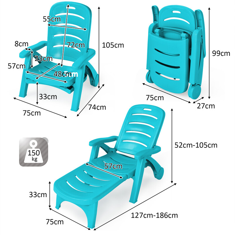 Hopfällbar solstol med 5 positioner och hjul för trädgård och utomhus, turkos