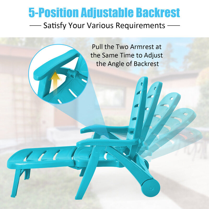Hopfällbar solstol med 5 positioner och hjul för trädgård och utomhus, turkos