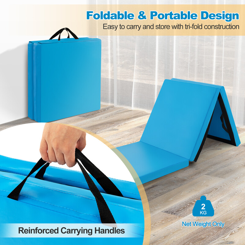 Vikbar gymnastikmatta med handtag och halkfri yta för träning 180 x 60 cm blå