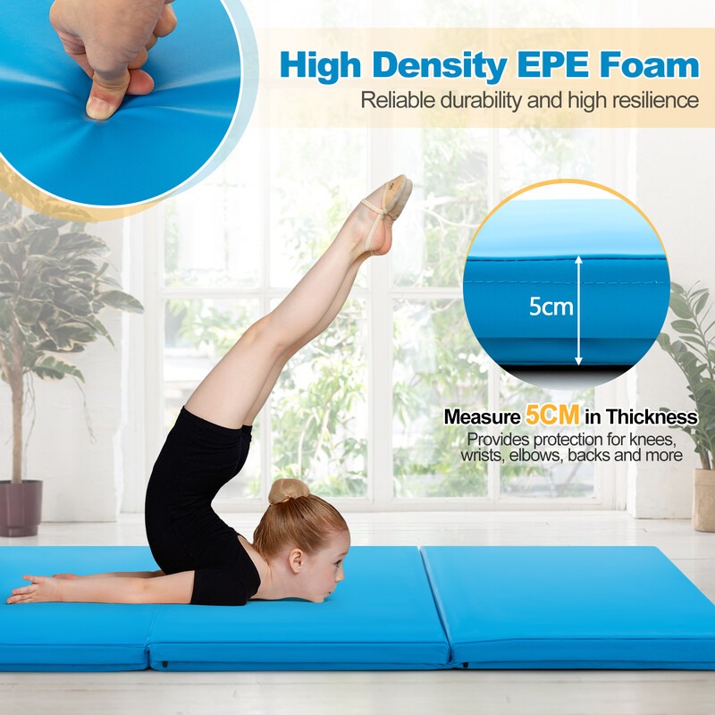 Vikbar gymnastikmatta med handtag och halkfri yta för träning 180 x 60 cm blå