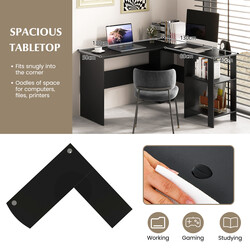 L-format hörnskrivbord med kabelhål och hyllor, 130 x 130 x 74 cm, svart