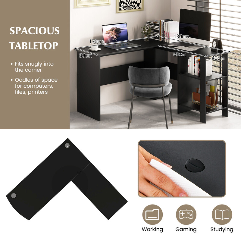 L-format hörnskrivbord med kabelhål och hyllor, 130 x 130 x 74 cm, svart