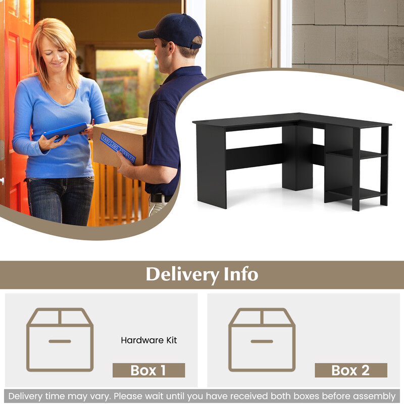 L-format hörnskrivbord med kabelhål och hyllor, 130 x 130 x 74 cm, svart