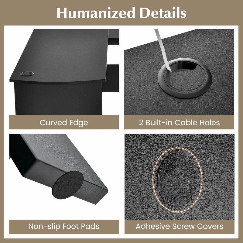 L-format hörnskrivbord med kabelhål och hyllor, 130 x 130 x 74 cm, svart