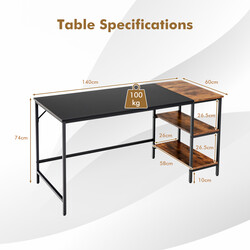 Skrivbord 140 cm med hyllor och avtagbar mitthylla i rustik brun industriell stil