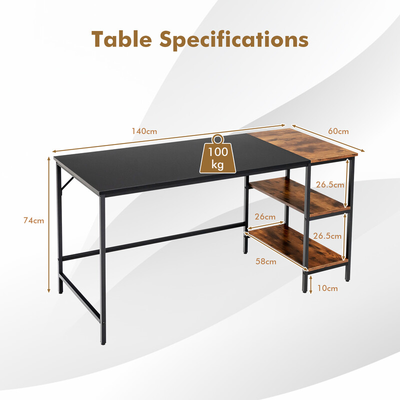Skrivbord 140 cm med hyllor och avtagbar mitthylla i rustik brun industriell stil