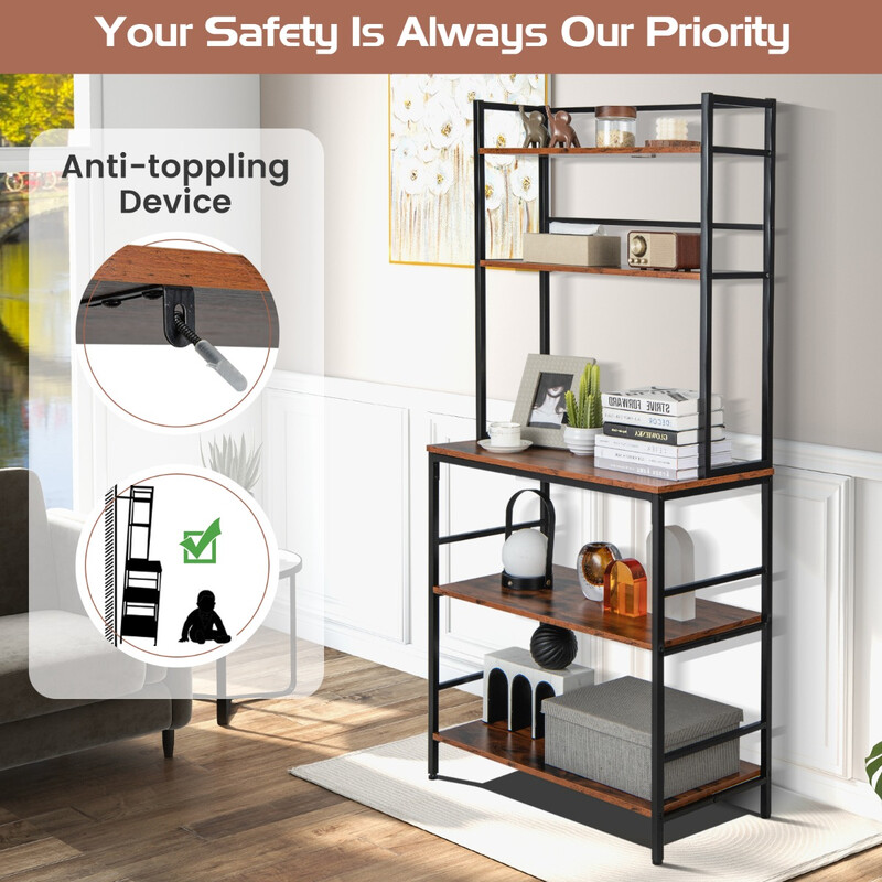 Fristående kökshylla med 5 plan och tippskydd i rustik brunt för praktisk förvaring