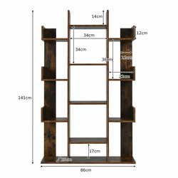 Bokhylla med 13 hyllplan i rustik brunt trä för hem och kontor