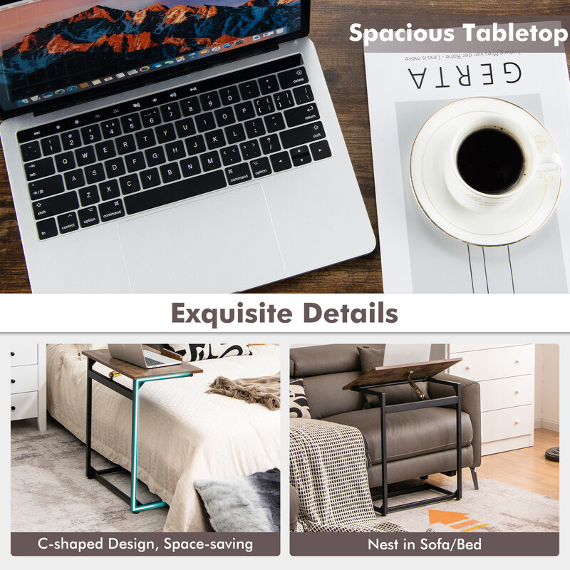 Vintage laptopbord med justerbar bordsskiva och stopp, c-format sidobord, brun, 57 x 37 x 67,5 cm