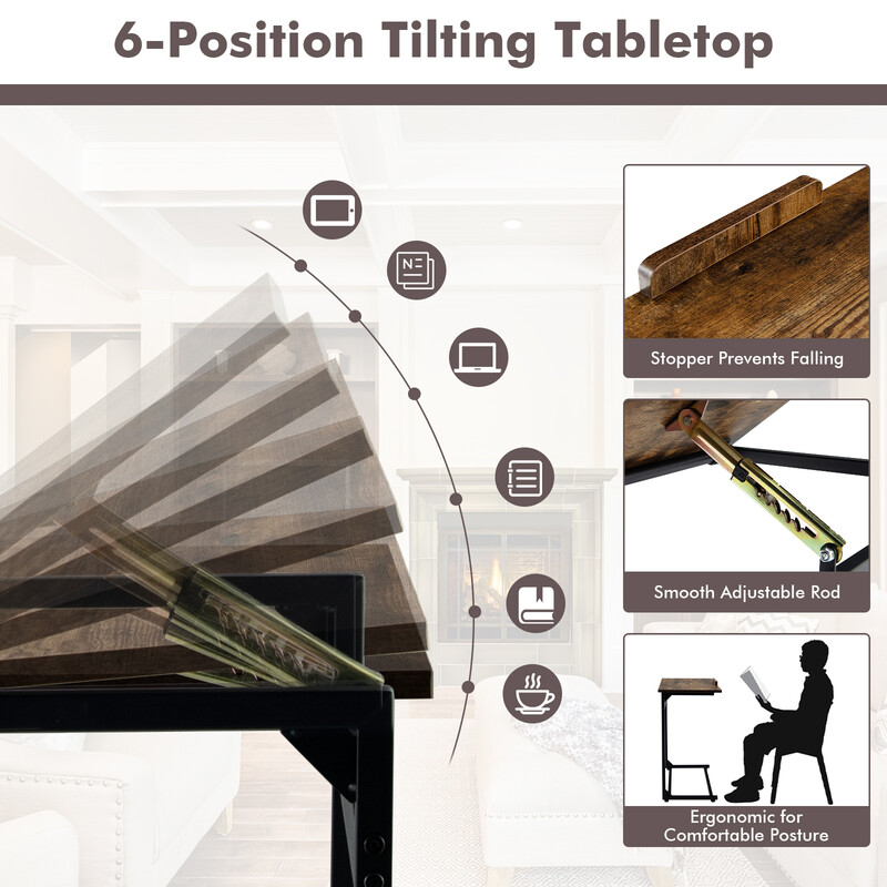 Vintage laptopbord med justerbar bordsskiva och stopp, c-format sidobord, brun, 57 x 37 x 67,5 cm