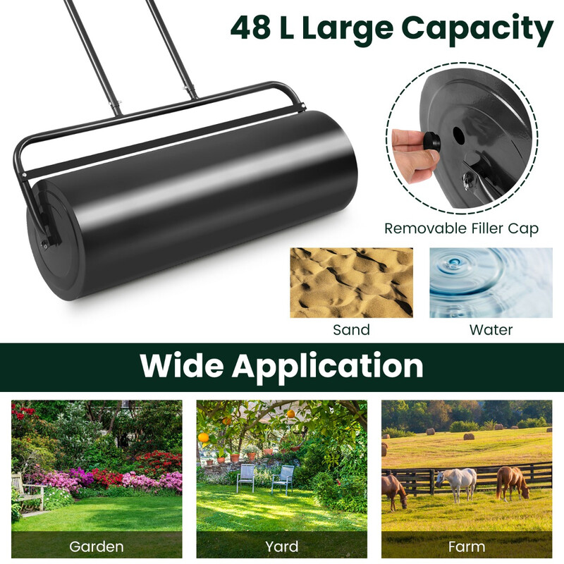 Gräsvält i stål med vatten- och sandfyllning, ergonomiskt handtag, svart