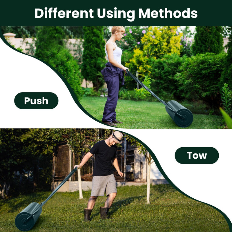 Grön stålgräsrulle med U-handtag och fyllningsbar tung rulle för jämn gräsmatta