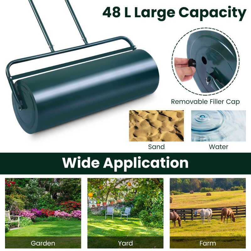 Grön stålgräsrulle med U-handtag och fyllningsbar tung rulle för jämn gräsmatta