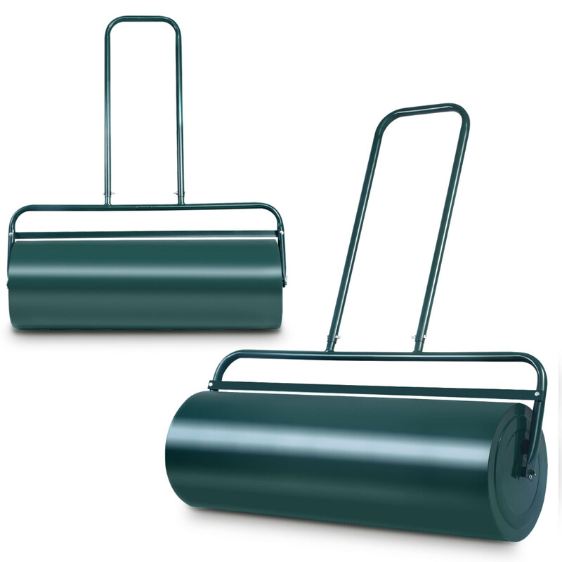 Grön stålgräsrulle med U-handtag och fyllningsbar tung rulle för jämn gräsmatta