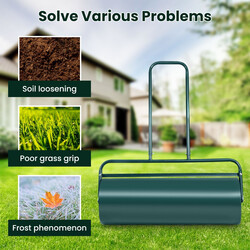 Grön stålgräsrulle med U-handtag och fyllningsbar tung rulle för jämn gräsmatta