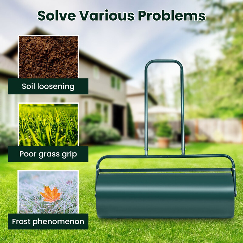 Grön stålgräsrulle med U-handtag och fyllningsbar tung rulle för jämn gräsmatta