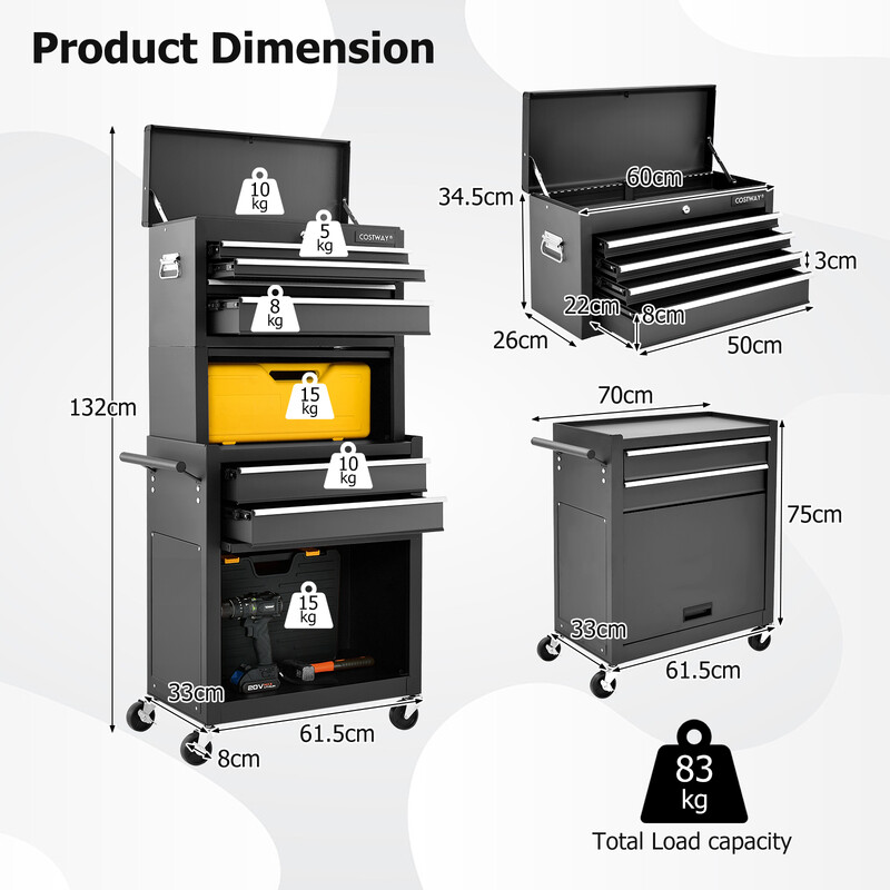 2 i 1 verktygsvagn med lås och hjul för säker förvaring