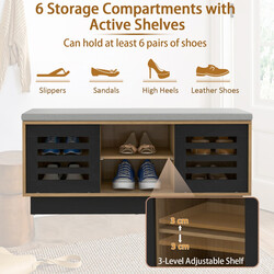 2-i-1 skobänk och skohylla med justerbara hyllor i naturligt trä