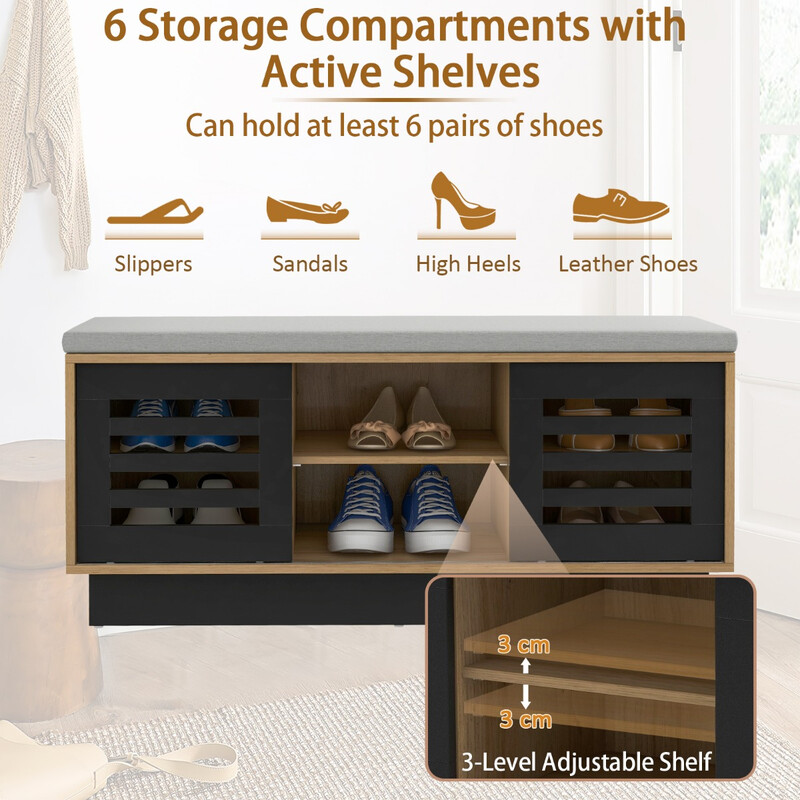 2-i-1 skobänk och skohylla med justerbara hyllor i naturligt trä