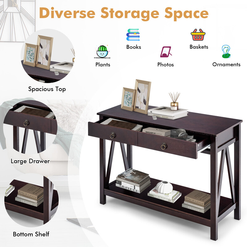 Konsolbord i espresso med 2 lådor och väggmontering, 106 x 35 x 78 cm