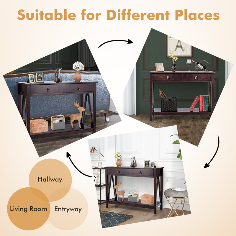 Konsolbord i espresso med 2 lådor och väggmontering, 106 x 35 x 78 cm