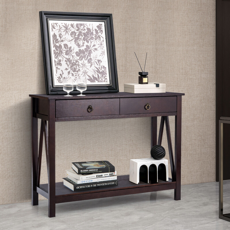 Konsolbord i espresso med 2 lådor och väggmontering, 106 x 35 x 78 cm