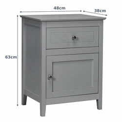 Sängbord i furu med låda och dörr, 2-nivå sidobord ljusgrå