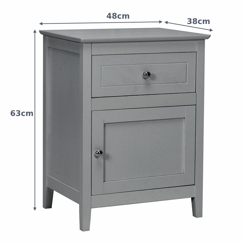 Sängbord i furu med låda och dörr, 2-nivå sidobord ljusgrå