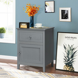 Sängbord i furu med låda och dörr, 2-nivå sidobord ljusgrå