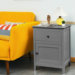 Sängbord i furu med låda och dörr, 2-nivå sidobord ljusgrå