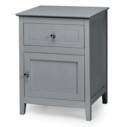 Sängbord i furu med låda och dörr, 2-nivå sidobord ljusgrå