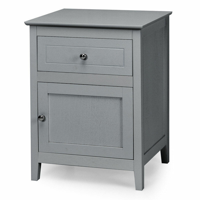 Sängbord i furu med låda och dörr, 2-nivå sidobord ljusgrå