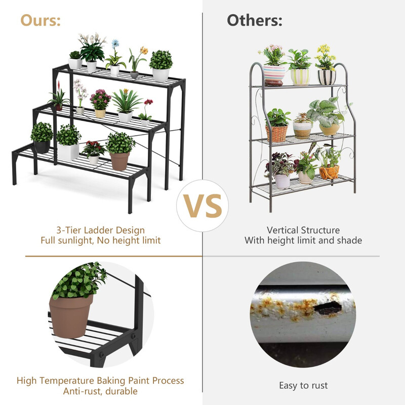 3-nivåers svart metall växthylla för trädgård och balkong