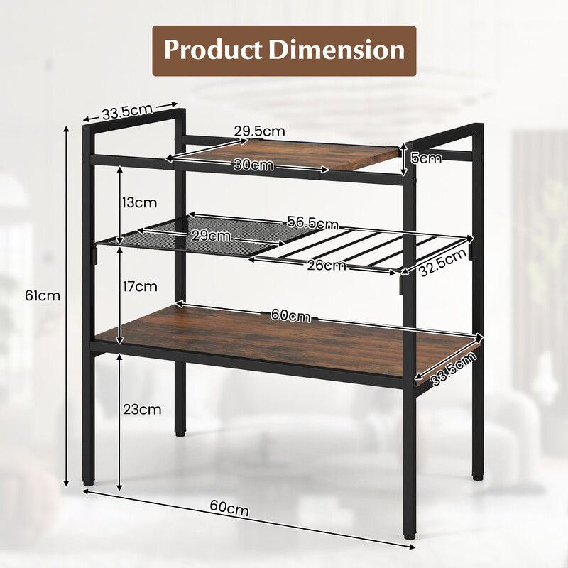 Rustikt brunt sidobord med avtagbara hyllor och stabil metallram 60 x 33,5 x 61 cm