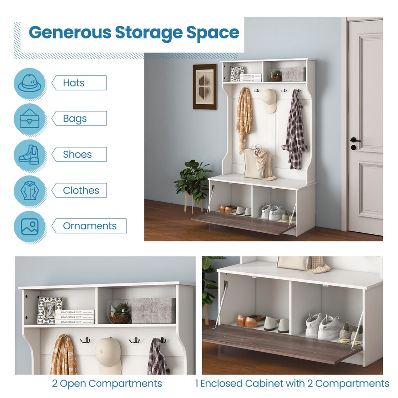 Garderob med sittbänk och 5 dubbelkrokar för hallen, vit 100 x 40 x 160 cm