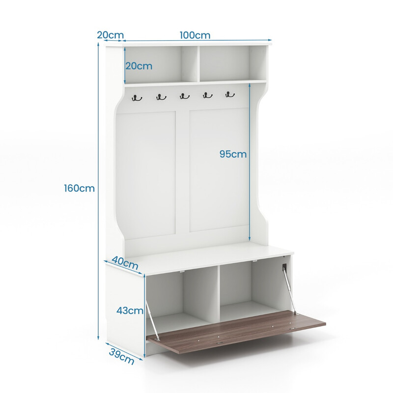 Garderob med sittbänk och 5 dubbelkrokar för hallen, vit 100 x 40 x 160 cm