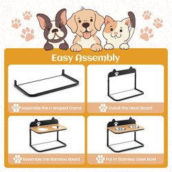 Upphöjd matstation för hundar med justerbar höjd och rostfria skålar i svart och bambu