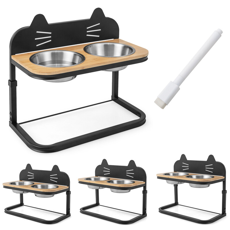 Upphöjd matstation för katter och hundar med justerbar höjd och rostfria skålar
