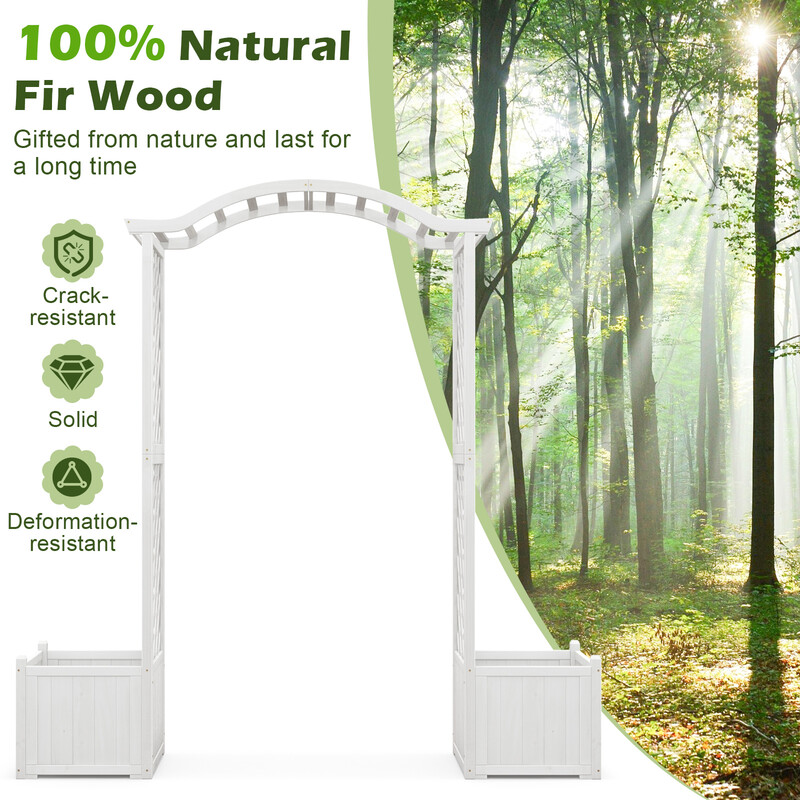 Träportal med planteringslådor och spaljéer för klätterväxter, vit, 183 x 42 x 200 cm