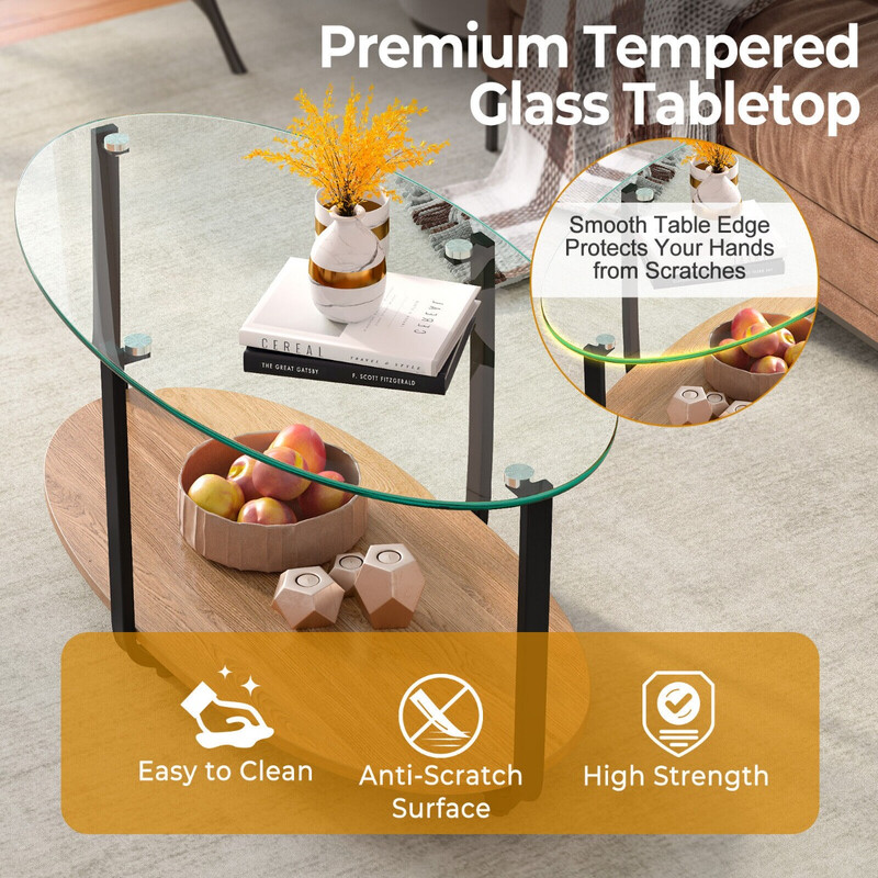 Soffbord med härdat glas och vattentålig trähylla i naturlig design