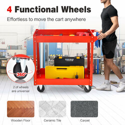Röd tvåvånings metallvagn med hjul och handtag för verktyg och förvaring