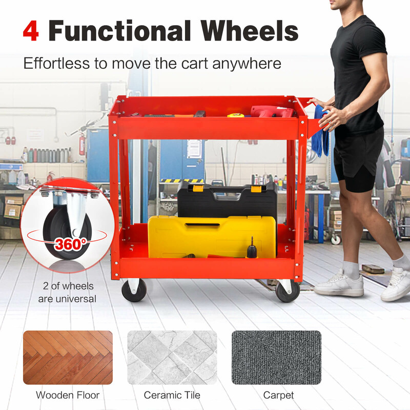 Röd tvåvånings metallvagn med hjul och handtag för verktyg och förvaring