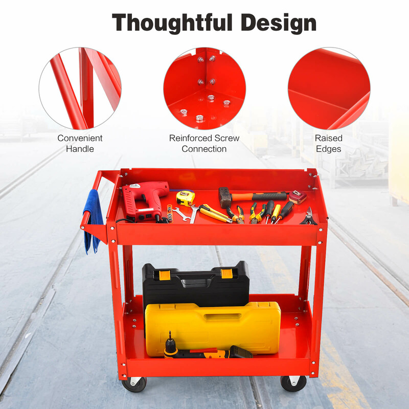 Röd tvåvånings metallvagn med hjul och handtag för verktyg och förvaring