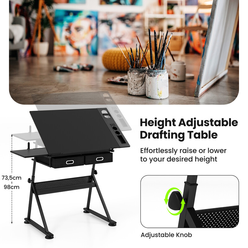 Höj- och sänkbart ritbord med pall, lutbar bordsskiva och förvaringslådor i svart